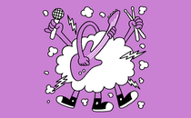 illustration of cloud with lightning with 3 arms holding mic, bass, drumsticks, and 3 feet keeping time appearing from behind it on purple background