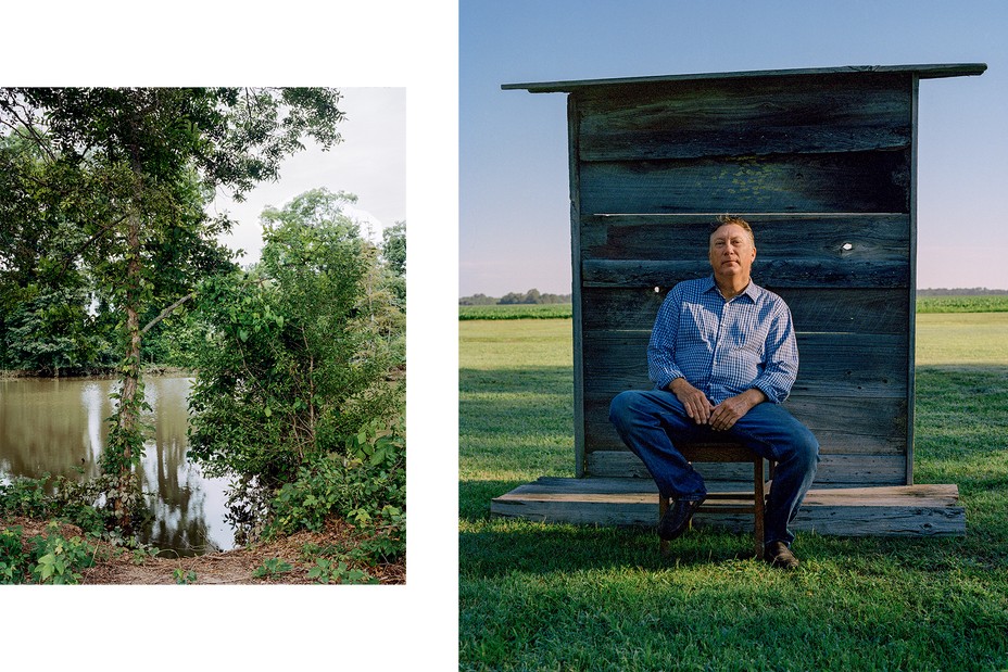 left: the bank of the Tallahatchie River; right: Jeff Andrews sitting outdoors in a chair