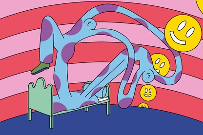 An illustration of a person leaping happily out of bed in the morning.