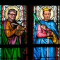 Illustration of Bill Gates, Mark Zuckerberg, and Elon Musk as stained-glass saints
