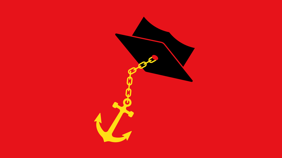 Illustration of a graduation cap where the tassel is a chain attached to an anchor