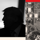 A silhouette of Trump in profile next to an aerial targeting image of an Iranian military site.