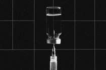 A graphic illustration showing a black-and-white photo of a syringe and a vial over a black-grid background