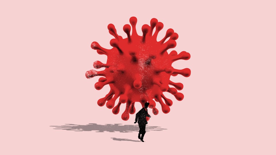 Illustration of a giant coronavirus molecule chasing a running figure