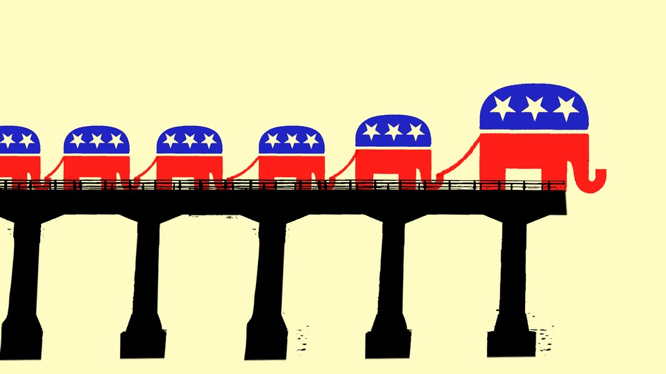 An illustration shows the GOP leading its voters off an incomplete bridge. The party and its constituents are represented by cartoon elephants.