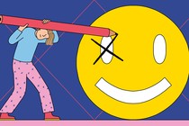 A person with a giant pencil makes a check mark in the eye of a smiley face, as though marking a ballot