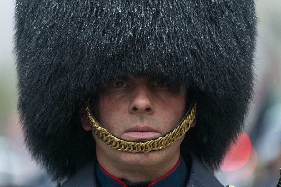 A person wearing a large bearskin hat marches in the rain.