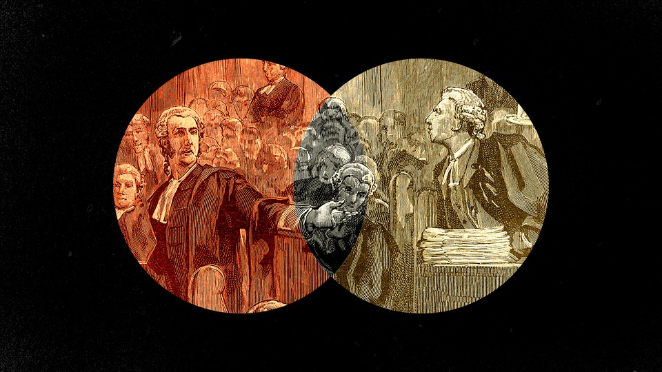 A photo illustration of two converging circles with old cartoons of lawyers from the colonial era arguing