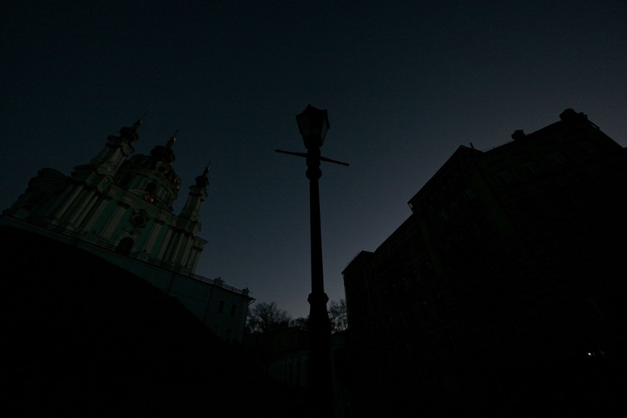 A view of buildings in Kyiv, completely dark