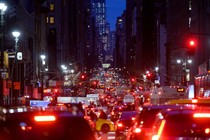 Cars in a nighttime traffic jam in New York City