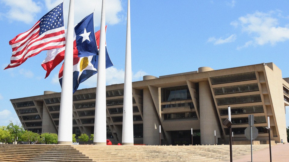 An image of the Dallas city hall.