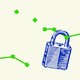 A blue lock on a broken chain of green dots connected by lines