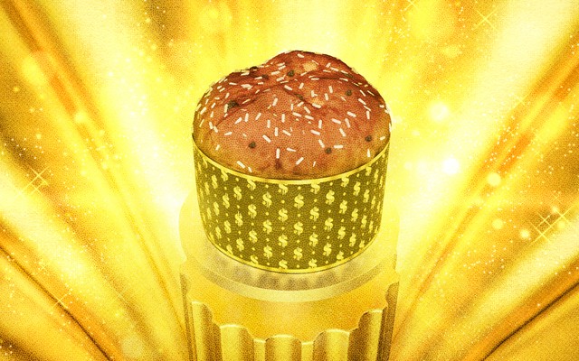 An illustration of a panettone on a gold pedestal