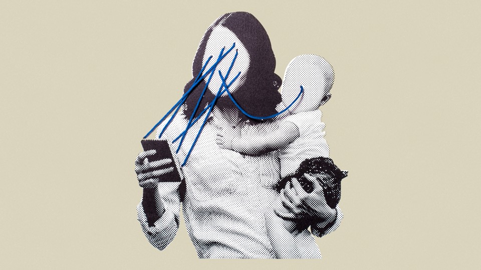 An illustration of a mother connected to her phone and to her baby's face by string