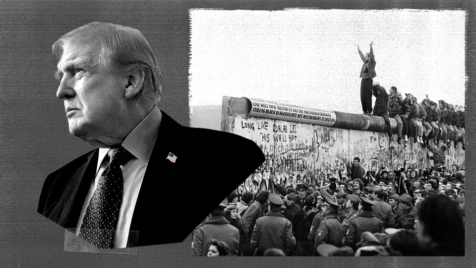 A photo-illustration showing Donald Trump and protesters climbing the Berlin Wall