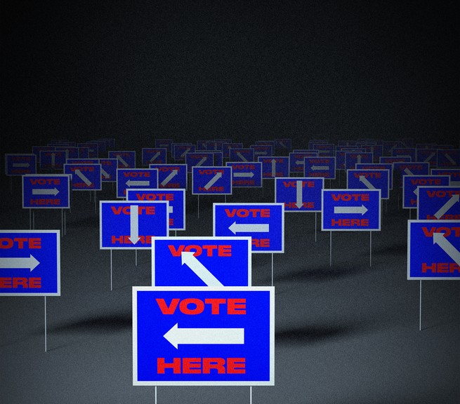 "vote here" signs with arrows in different directions