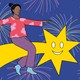 A woman rides a smiling shooting star, with fireworks in the background.