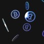 Bitcoins falling on a black background