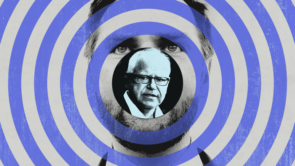 An illustration of Tim Walz and J. D. Vance with a futuristic pattern around them