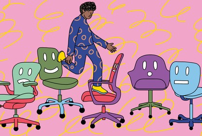 illustration of a person walking from office chair to office chair with various expressions on them