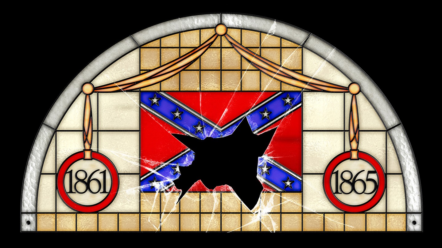 Illustration: Stained glass window with shattered confederate flag and dates 1861 and 1865