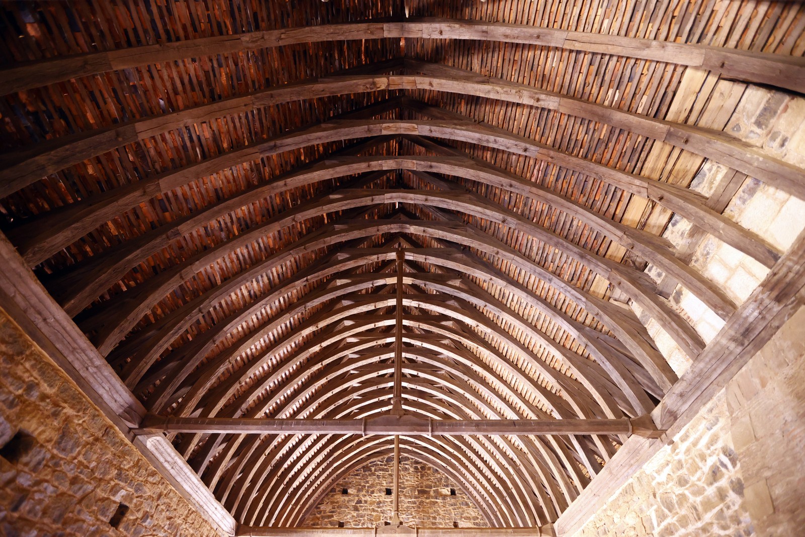 Timbers support the roof of the Great Hall of the castle.