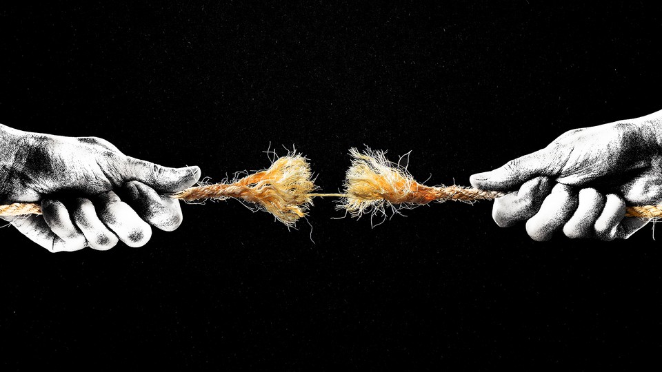Graphic illustration of two hands pulling a rope in opposite directions, to the point that the thinned rope is about to snap.