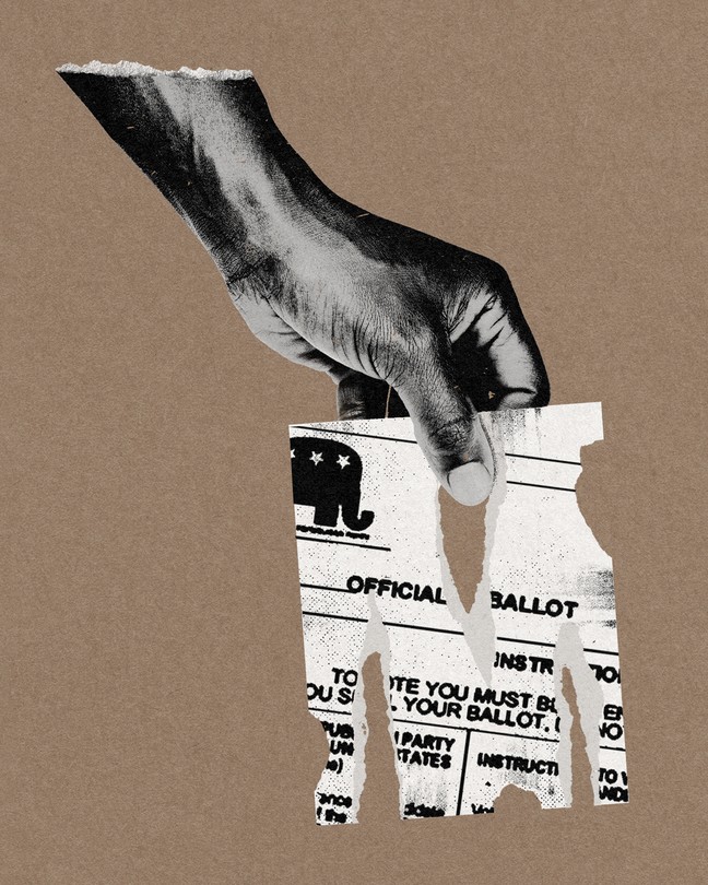 illustration of Black hand holding a shredded piece of paper marked "Official Ballot" with voting instructions on brown background