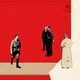 Black-and-white images of four men set against a background that's two-thirds red and a third white. The pope stands against the white background, but with red encroaching.