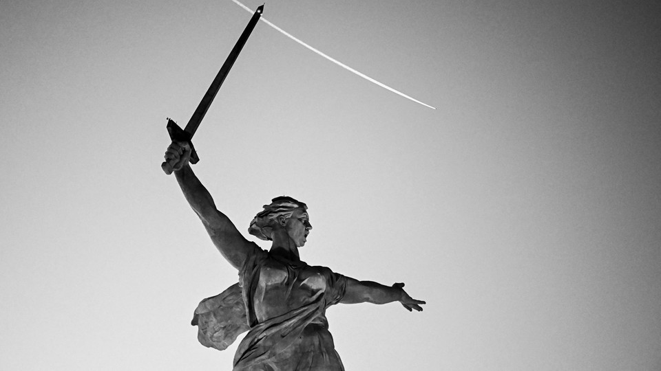 A picture shows the Motherland Calls statue at the Mamayev Kurgan World War Two Memorial complex in Russia's southern city of Volgograd.