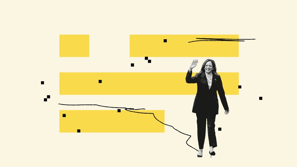 Kamala Harris smiling over deconstructed American flag