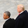 Michelle Obama, Barack Obama, Donald Trump, and Melania Trump stand together.