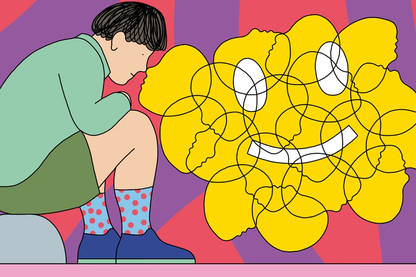 An illustration of a man thinking, with a cloud of his thoughts concealing a happy face.