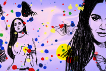 An illustration of Katy Perry rendered in three different charcoal-like sketches, surrounded by butterfly sketches and bright paint splotches on a light-purple background