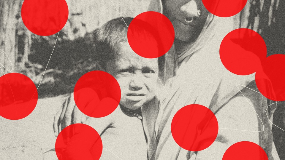 Black-and-white picture of Banu as a child with transparent red circles overlapped on top