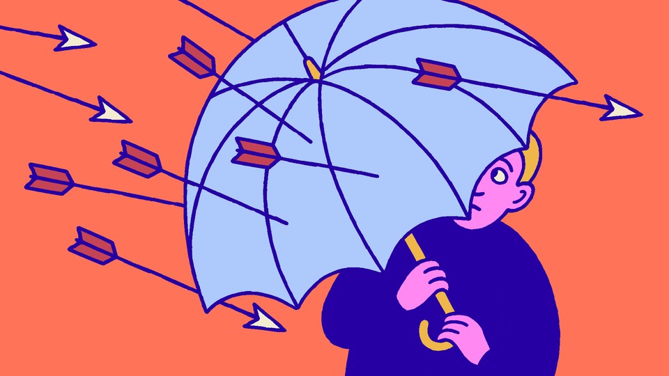 A man using an umbrella to shield himself from incoming arrows