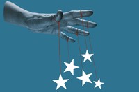 On a deep cerulean background a hand extends from the left side. The fingers are outstretched and on each finger is a red string. At the bottom of each string is a white star.