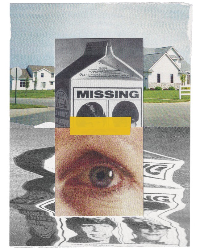 photo collage of milk carton with "MISSING" and photos of children, white suburban houses with green lawn and blue sky, and an eye looking out at reader