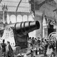 A black and white illustration of men and women gathered around observing the Krupp Cannon