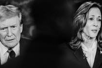 A black-and-white photomontage of Donald Trump on the left and Kamala Harris on the right.