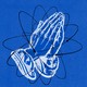Praying hands over a drawing of an atom