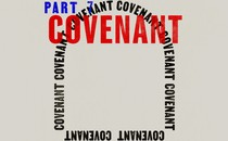 On an off-white background, the words "Part 7" are in blue; below that and larger is the word "Covenant" in red. Behind that, in black lettering, is the word "covenant" repeating in the shape of the outline of a stone tablet. The top of the arch is at the top of the page.