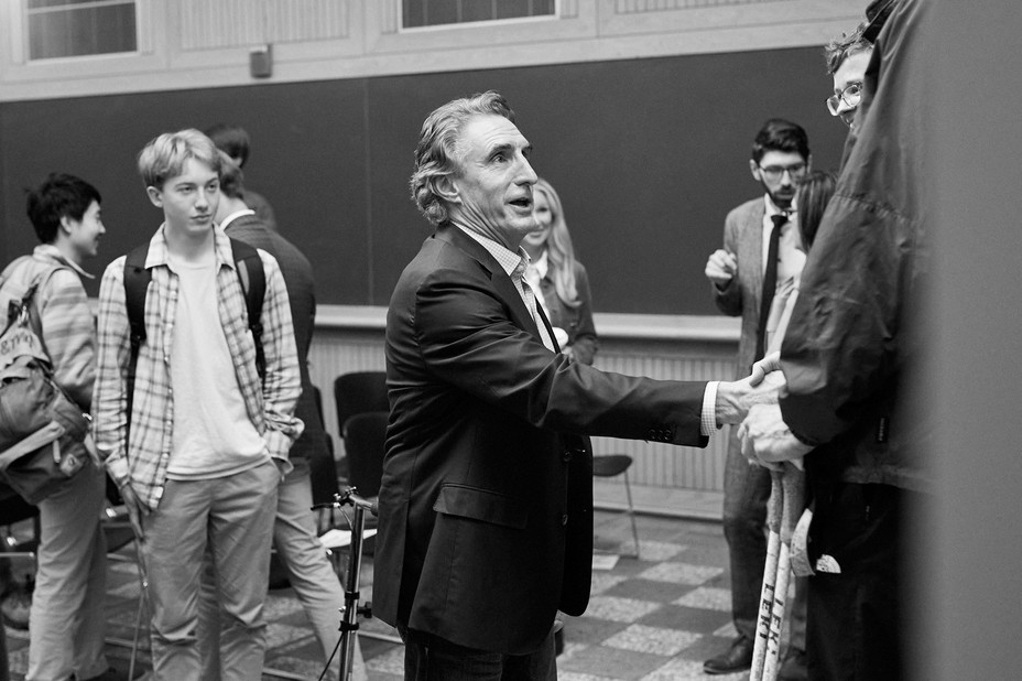 Picture of  Doug Burgum, Governor of North Dakota at Dartmouth College speaking at a town hall with students. 