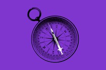 A vaccine syringe replaces the needle on an illustration of a compass.