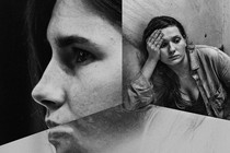 A split image shows Abigail Breslin, right, sitting at a table with her head in her hand. To the left is a photo of Amanda Knox in profile.