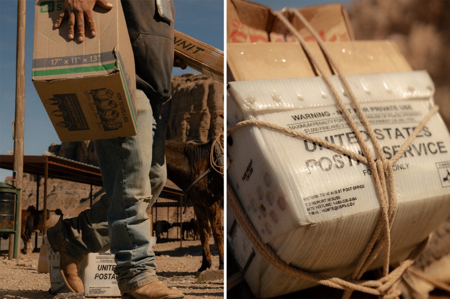 person carrying dusty box; close-up of plastic USPS mail bin roped to side of mule