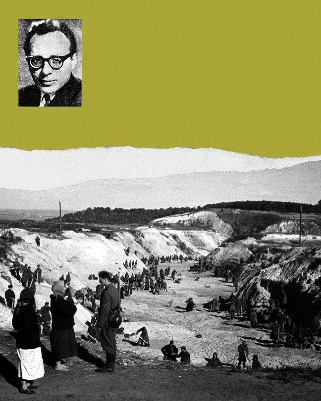 A photo of author Anatoly Kuznetsov inset in a yellow-green block above a black and white photo of Soviet prisoners of war covering a mass grave at Babi Yar