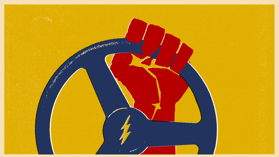 Illustration of a fist holding a steering wheel with a lightning bolt.