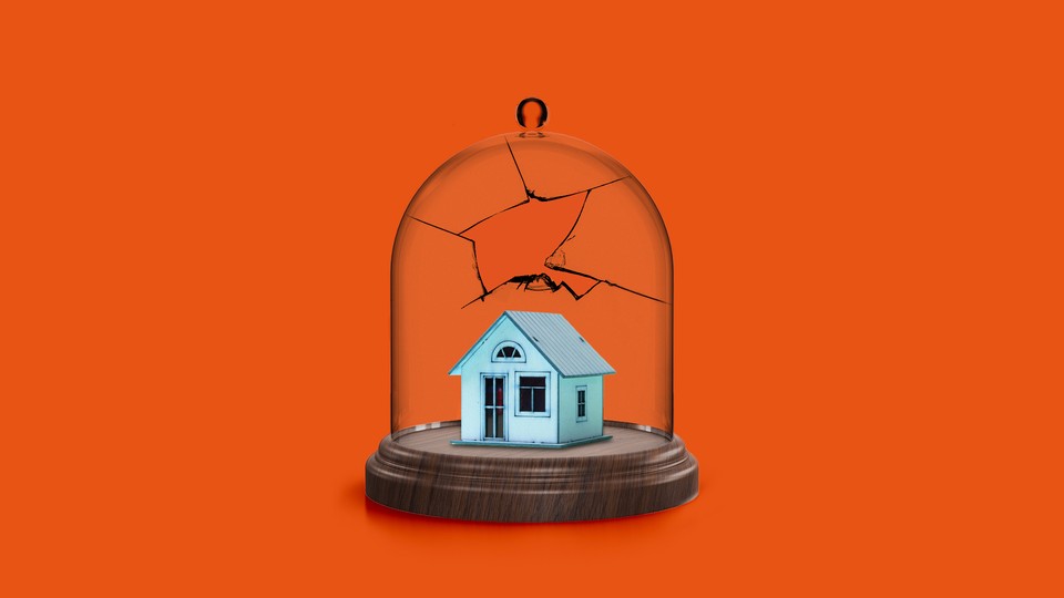 A house under cracking glass dome, against a red background