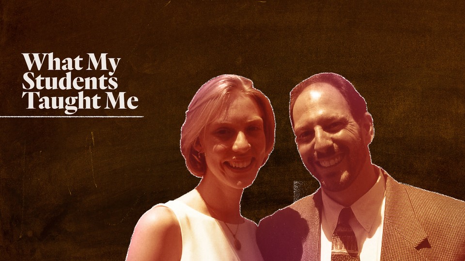 A custom illustration featuring Matt Weiss and Kate Schelbe superimposed on the image of a chalkboard. 